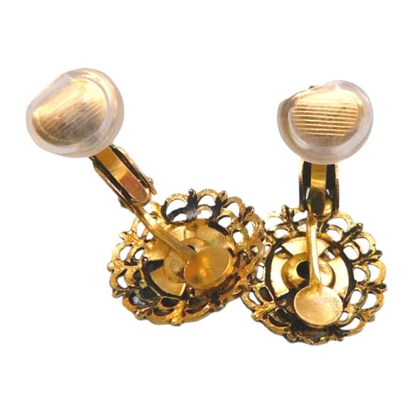 Vintage Clip On Agate Earrings Green Clustered Chips Filigree Gold Tone - Picture 7 of 11